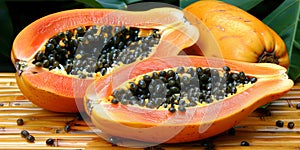 Papaya, with chopped pieces and black seeds, against the background of lush tropical veget