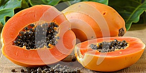 Papaya, with chopped pieces and black seeds, against the background of lush tropical vegetat