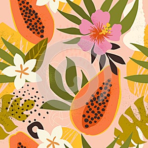 Papaya Collage contemporary floral seamless pattern.