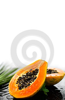 Papaya Exotic fruits isolated on white background. Papaya orange fresh fruits border design with tropical palm leaf