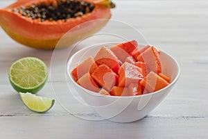 Papaya fruit with chili, mexican snack, spicy food in mexico photo