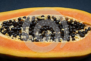 Papaya fruit close-up photo on the black background