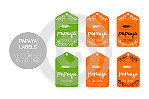 Papaya fruit Eco labels vector set in green, orange colors.