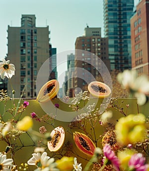 Papaya fruit and flowers on the background of the city.