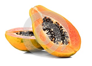 Papaya fruit isolated on white background. Half of fresh organic Papaya exotic fruit close up