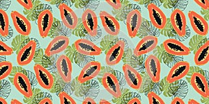Papaya fruit with monstera leaf vector seamless pattern.
