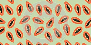 Papaya fruit pattern isolated on blue background. Tropical vector seamless texture. Trendy food.