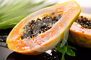 Papaya fruit on tropical palm tree leaf background macro shot. Halved fresh organic Papayas