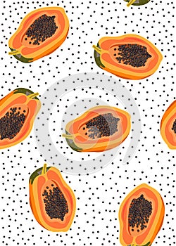 Papaya fruits seamless pattern on white background with seed, Fresh organic food, Tropical fruit vector