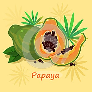 Papaya with green leafs on yellow background