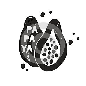 Papaya grunge sticker. Black texture silhouette with lettering inside. Imitation of stamp, print with scuffs