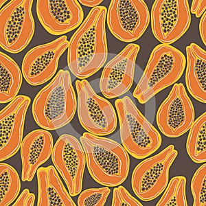 Papaya hand drawn seamless pattern in doodle style. Trendy vector illustrated pattern. Hawaiian fruits