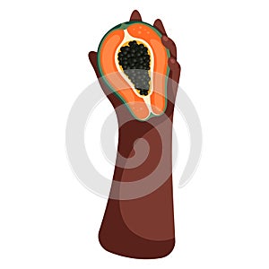 Papaya in hand. Ripe juicy fruit illustration. Bright cartoon flat clipart