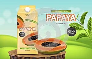 Papaya juice drink vector realistic. Product placement package fresh natural juice. Label packaging designs