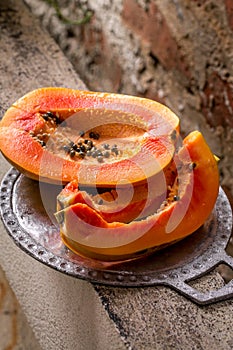 Papaya on a metal tray