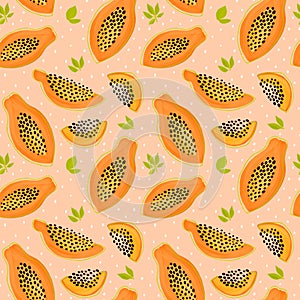 Papaya pattern. Seamless summer tropical fruit background. Pink repeat print for kitchen, exotic fruit illustration in