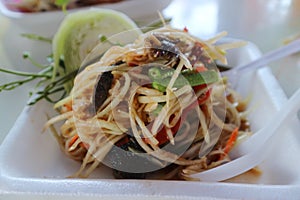 Papaya salad Som Tam , Thai food, in banana leaf dish on traditional mat decorating with ingredients such garlic, shallot, papay