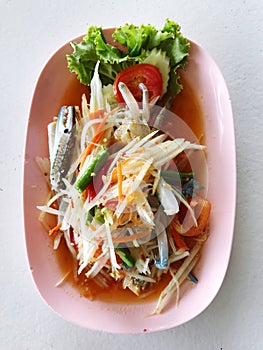 Papaya salad or Somtum with crab, Thai food
