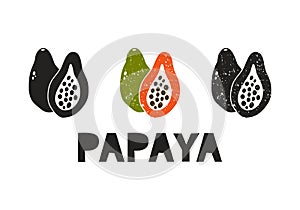 Papaya, silhouette icons set with lettering. Imitation of stamp, print with scuffs. Simple black shape and color vector