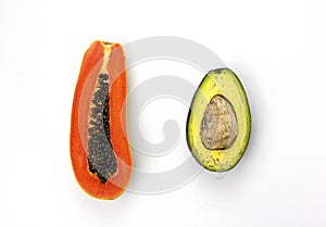 A Papaya sliced and avocado isolated on white background, used for Healthy food concept