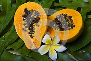 A papaya sliced in half