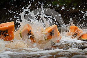 papaya slices diving into a splashy river