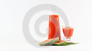 Papaya smoothie in glass jar and glasses on white background