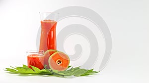 Papaya smoothie in glass jar and glasses on white background