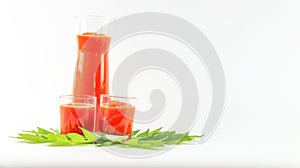 Papaya smoothie in glass jar and glasses on white background