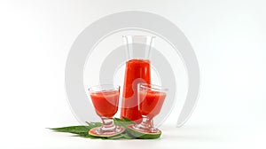 Papaya smoothie in glass jar and glasses on white background