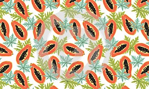 Papaya with tropical leaf vector seamless pattern design.