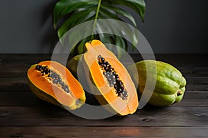 Papayas on kitchen table, tropical fruits arranged beautifully