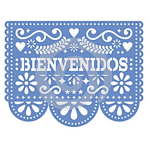 Papel Picado Bienvenidos vector design - Mexican Welcome paper decoration with pattern and text