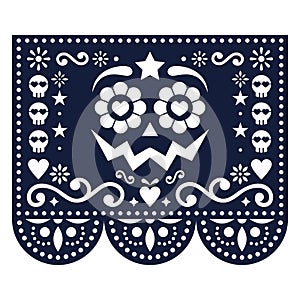 Halloween and Day of the Dead Papel Picado vector design with pumpkin face, Mexican paper cut out pattern - Dia de Los Muertos cel photo