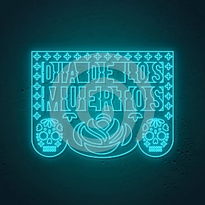 Papel picado card in neon style. Traditional mexican decoration for Dia de los muertos.