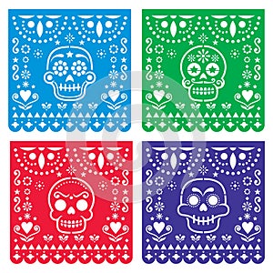 Papel Picado design with sugar skulls, Mexican paper cut out pattern collection - Halloween, Dia de Los Muertos, Day of the Dead c photo