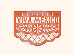 Papel Picado for Dia de los Muertos. Mexican pecked paper banner with flower pattern and Viva Mexico, Latin text photo