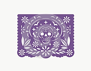 Papel picado, Mexican paper flag with perforated cut pattern of flowers, leaf and Catrina skull. Traditional pecked photo