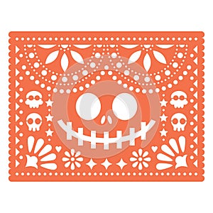 Halloween Papel Picado design with skulls and pumpkin scary face, Mexican paper cut out pattern - Dia de Los Muertos, Day of the D photo