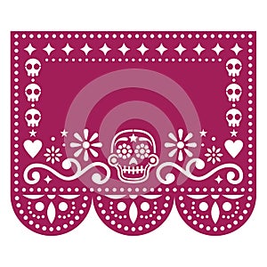 Papel Picado template design with sugar skulls, Mexican paper cut out garland background perfect for Halloween and Day of the Dead photo