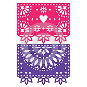 Papel Picado template design set, Mexican paper decorations flowers and geometric shapes, two party banners