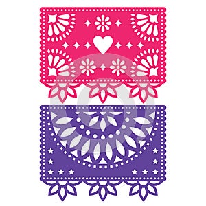 Papel Picado template design set, Mexican paper decorations flowers and geometric shapes, two party banners photo