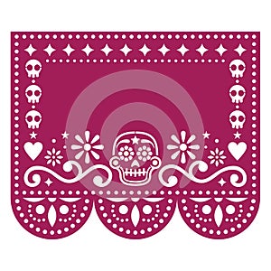 Papel Picado template design with sugar skulls, Mexican paper cut out garland background perfect for Halloween and Day of the Dead