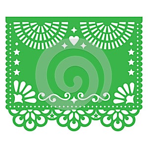 Papel Picado vector blank template design, floral green design with abstract shapes, retro Mexican paper decorations pattern photo