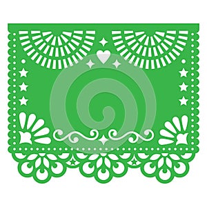 Papel Picado vector blank template design, floral green design with abstract shapes, retro Mexican paper decorations pattern