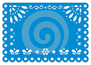 Papel Picado vector template design in blue with no text, Mexican paper decoration with flowers and geometric shapes - greeting ca