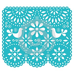 Papel Picado vector template design, Mexican paper decorations with birds and flowers, traditional fiesta banner in turquoise