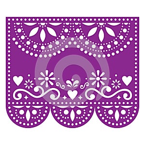 Papel Picado vector template with no text, floral purple design with abstract shapes, retro Mexican paper decorations pattern