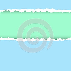 Pastel blue and green texture of torn paper on top and bottom of the sheet.