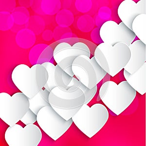 Paper 3D hearts pink background. Valentines Day card. Vector illustration